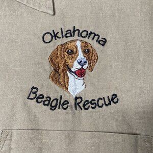 Oklahoma Beagle Dog Rescue Embroidered Button Up Shirt Large Linen Blend Khaki